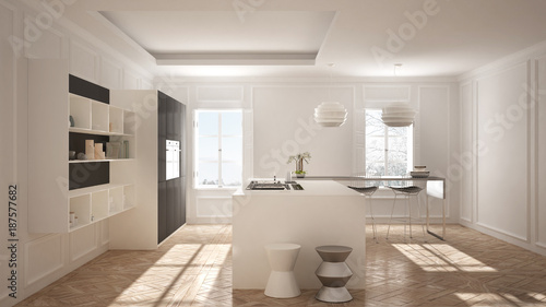 Modern kitchen furniture in classic room  old parquet  minimalist architecture  white and gray interior design