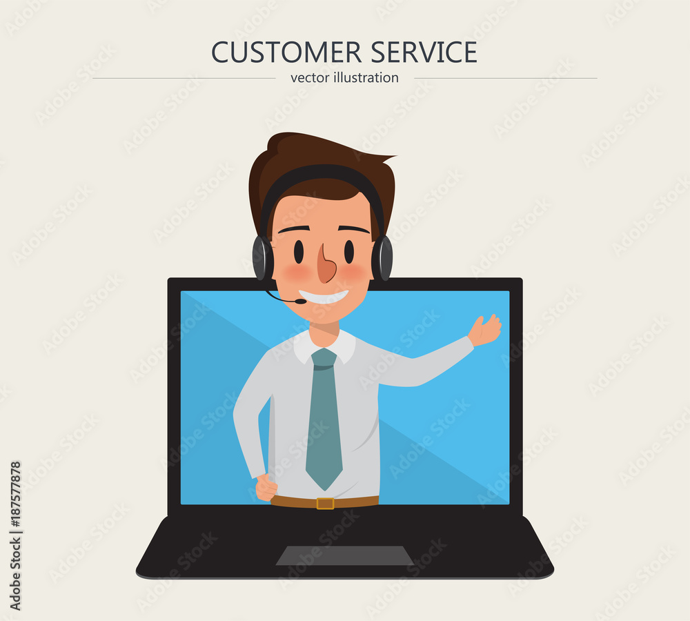 Operator of call center office working in headphones on laptop screen. Operator of call center office working in headphones on laptop screen.