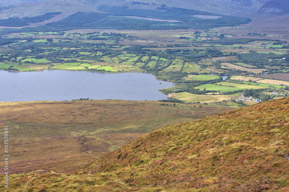 aerial view of lake and countryside ireland mayo castlebar, nephin drive aerial view of lake and countryside ireland mayo castlebar, nephin drive