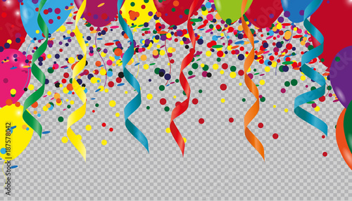 Colorful Streamers, Confetti And Balloons - Carnival Vector Illustration - Transparent Background