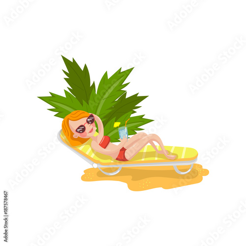 Young happy woman relaxing on a chaise longue cartoon vector Illustration