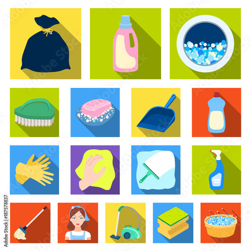 Cleaning and maid flat icons in set collection for design. Equipment for cleaning vector symbol stock web illustration.