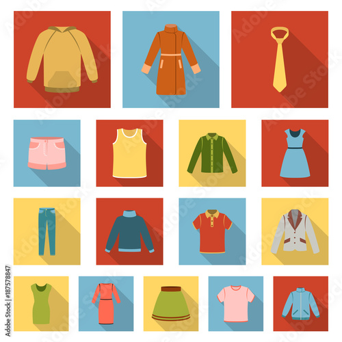 Different kinds of clothes flat icons in set collection for design. Clothes and style vector symbol stock web illustration.