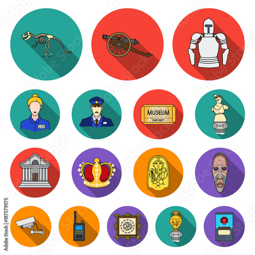 Museum and gallery flat icons in set collection for design. Storage and exhibition of showpiece vector symbol stock web illustration.