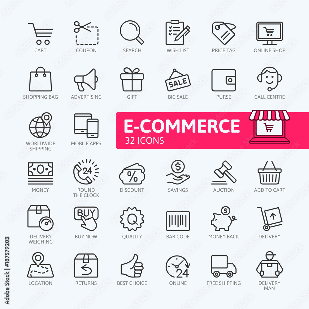 Fototapeta premium E-commerce, online shopping and delivery elements - minimal thin line web icon set. Outline icons collection. Simple vector illustration.