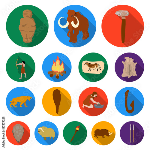 Life in the Stone Age flat icons in set collection for design. Ancient people vector symbol stock web illustration.