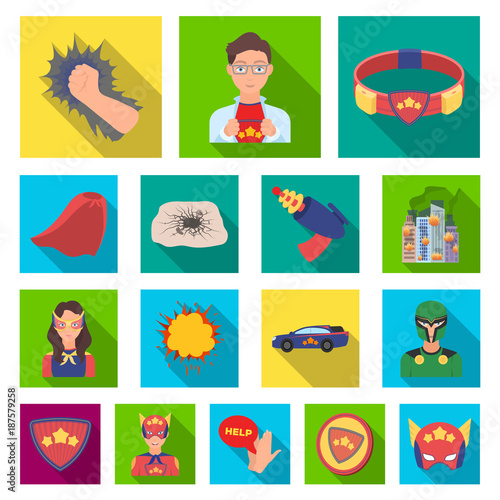 A fantastic superhero flat icons in set collection for design. Superhero's equipment vector symbol stock web illustration.