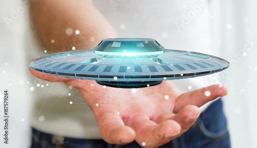 Fototapeta Naklejka Na Ścianę i Meble -  Businessman with retro UFO spaceship 3D rendering