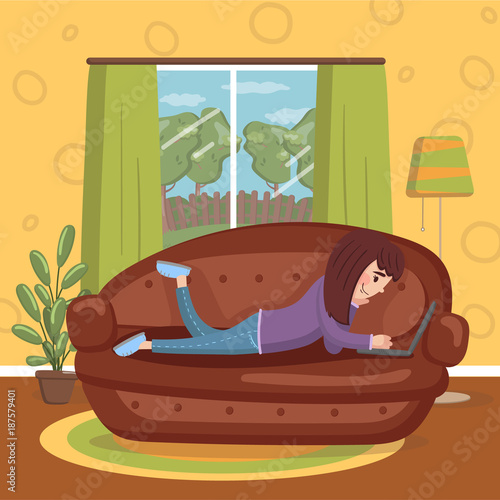 Girl lying on her stomach on a sofa using a laptop computer, room interior vintage style home vector Illustration