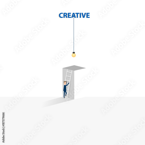 Businessman climbing up the ladder to get the lighting bulb. Business concept of creativity, idea and innovation. Vector illustration.