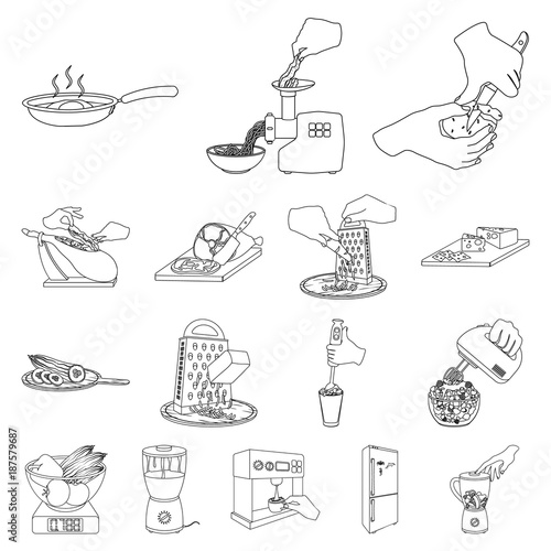 Cooking food outline icons in set collection for design. Kitchen, equipment and tools vector symbol stock web illustration.
