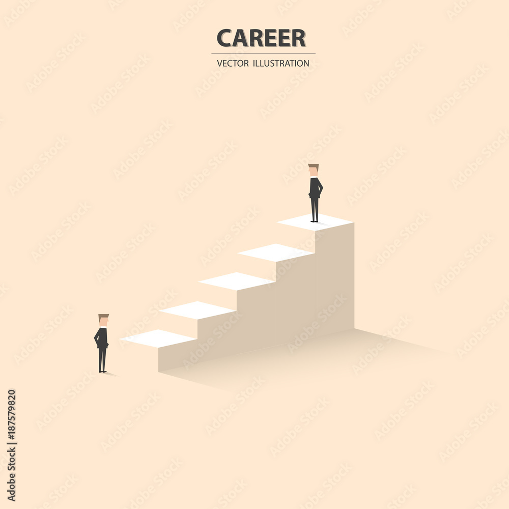 Business manager, leader, boss vector concept. Businessman standing on top of corporate career ladder. Leadership symbol. Vector illustration.