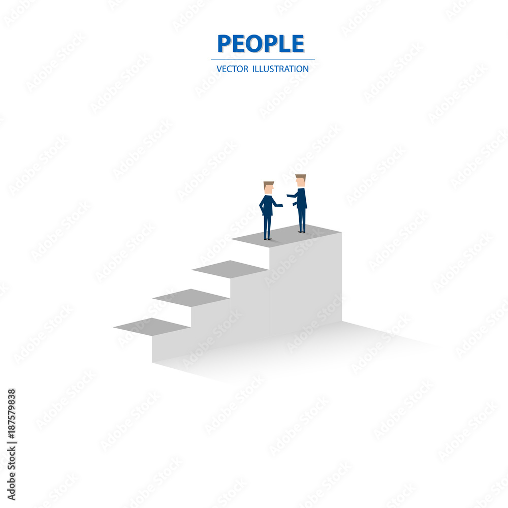 Businessmen stand on the top the column graph. Business concept of success and communication. Vector illustration.