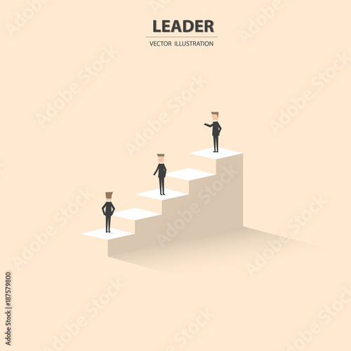 Businessmen stand on the column graph with the leader on top to lead the team. Business concept of success. Vector illustration.