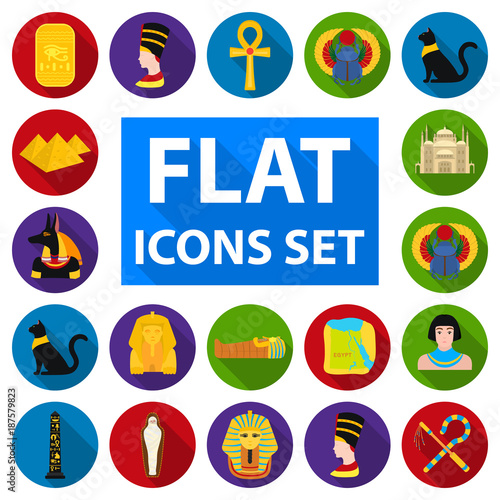 Ancient Egypt flat icons in set collection for design. The reign of Pharaoh vector symbol stock web illustration.