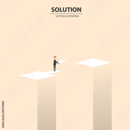 Businessman building bridge over deep hole. Business solution vector concept. Symbol of business success, overcome challenges and ambition. Vector illustration.