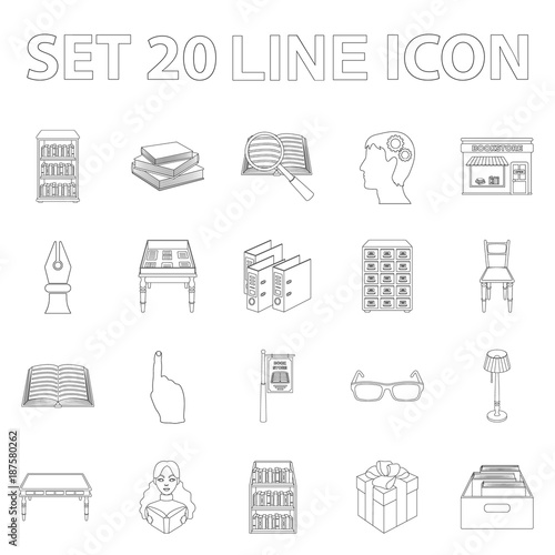 Library and bookstore outline icons in set collection for design. Books and furnishings vector symbol stock web illustration.