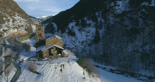 Aerial view over Sant Joan de Caselles Church built in the 11-12th century, in Canillo village photo
