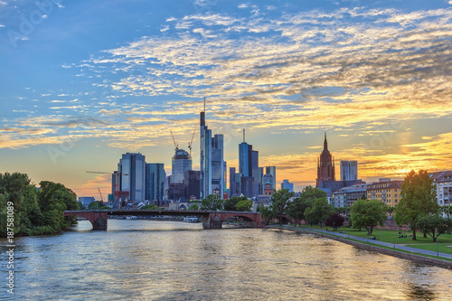 Frankfurt sunset city skyline at business district, Frankfurt, Germany