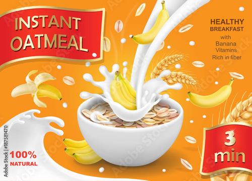 Oatmeal muesli with banana and milk splash. Instant oats advertising
