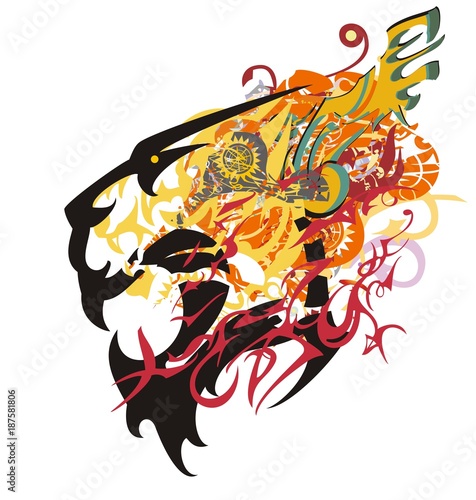 Fototapeta Naklejka Na Ścianę i Meble -  Growling tiger head colorful splashes. Aggressive tribal tiger head with an open jaw in bright tones with elements of a wing and linear patterns on a white background