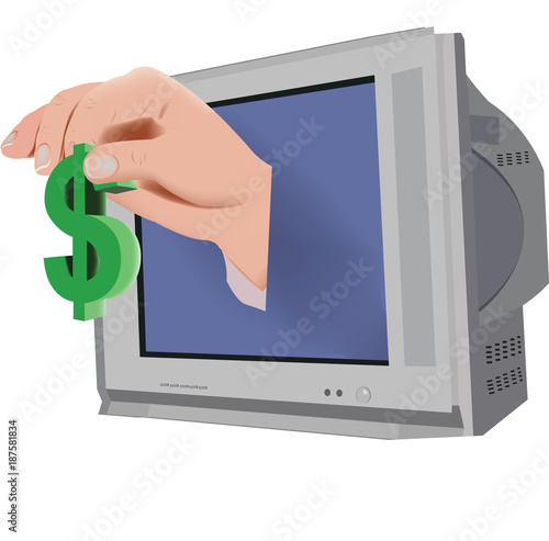televisione con mano e simbolo dollaro
