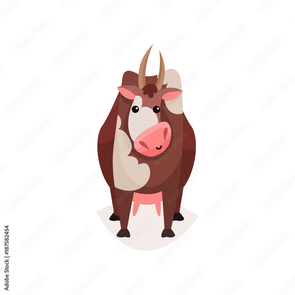 Cute funny brown spotted milk cow cartoon vector Illustration