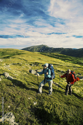 Summer hike in the mountains with a backpack and tent. © vetal1983