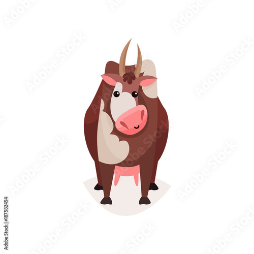 Cute funny brown spotted milk cow cartoon vector Illustration