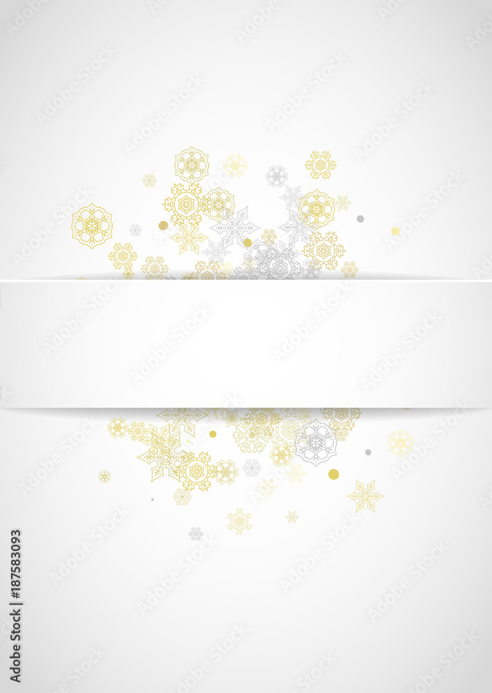 New Year snow on vertical white paper background. Gold glitter snowflakes. Christmas and New Year snow falling backdrop. For season sales, special offers, banner, cards, party invite, flyer. New Year snow on vertical white paper background. Gold glitter snowflakes. Christmas and New Year snow falling backdrop. For season sales, special offers, banner, cards, party invite, flyer.