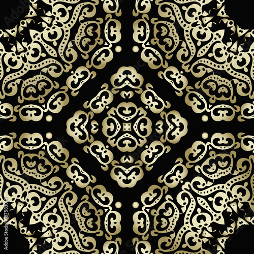 Seamless pattern oriental ornament. Black and golden textile print. Islamic vector design. Floral tiles.