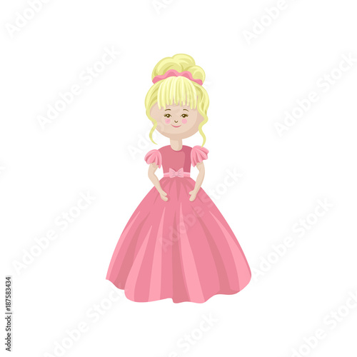 Beautiful blonde soft princess doll in a pink dress  sewing toy cartoon vector Illustration