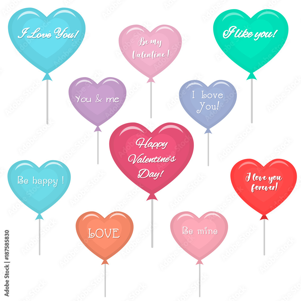 Set of multi-colored balloons in the shape of a heart with a text about love.