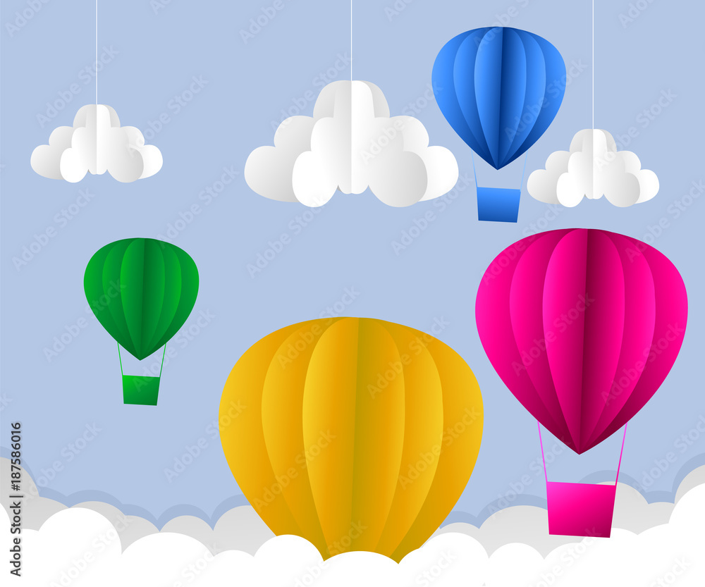 illustration of clouds, suns and hot air balloon origami flying on the sky on the sky.paper art style.