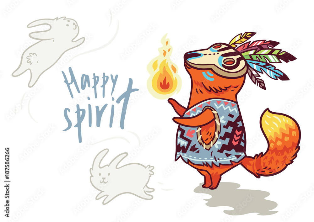 Baby fox shaman with feather. Vector print. Baby fox shaman with feather. Vector print.