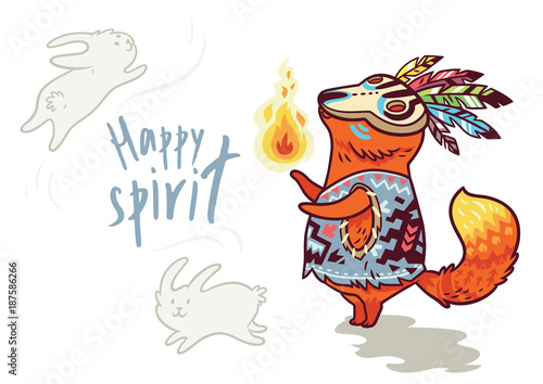 Baby fox shaman with feather. Vector print.