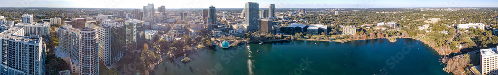 ORLANDO, FL - FEBRUARY 2016: Panoramic aerial view of city skyline at sunset. Orlando is a famous destination in Florida