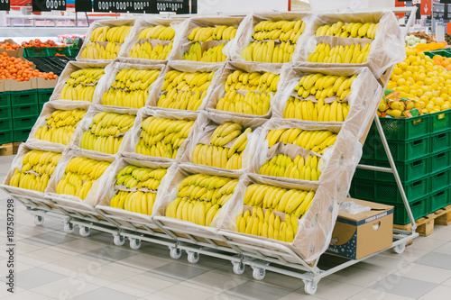 Bananas on supermarket shelves