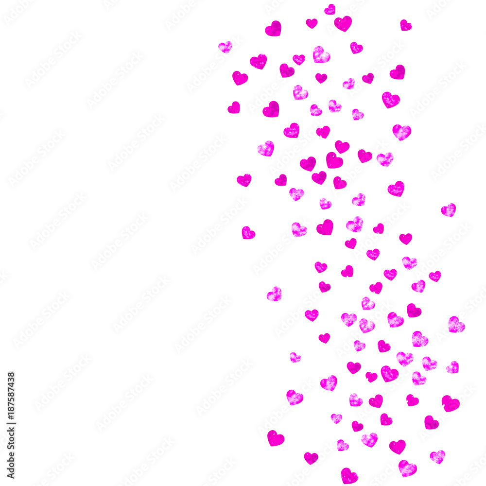 Valentines day border with pink glitter hearts. February 14th day. Vector confetti for valentines day border template. Grunge hand drawn texture. Love theme for gift coupons, vouchers, ads, events. Valentines day border with pink glitter hearts. February 14th day. Vector confetti for valentines day border template. Grunge hand drawn texture. Love theme for gift coupons, vouchers, ads, events.