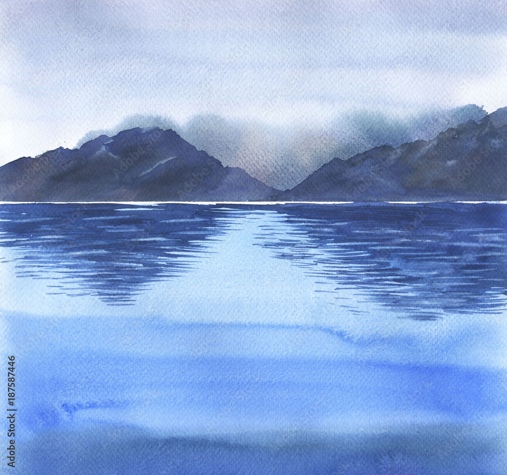 Landscape with mountains and lake or ocean, sea, river painted by watercolor. Hand drawn illustration.
