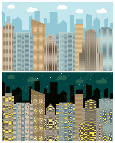 Street view with cityscape, skyscrapers and modern buildings in the day and night. Vector urban landscape illustration. 