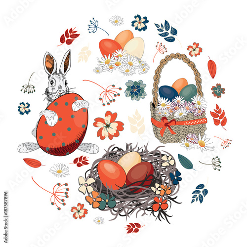 Beautiful Easter eggs in a basket and in the nest with easter bunny with various flowers in the shape of circle. Vector illustration on white background