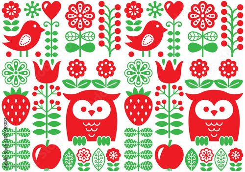 Finnish inspired seamless vector folk art pattern - Scandinavian design, Nordic wallpaper with flowers and birds
