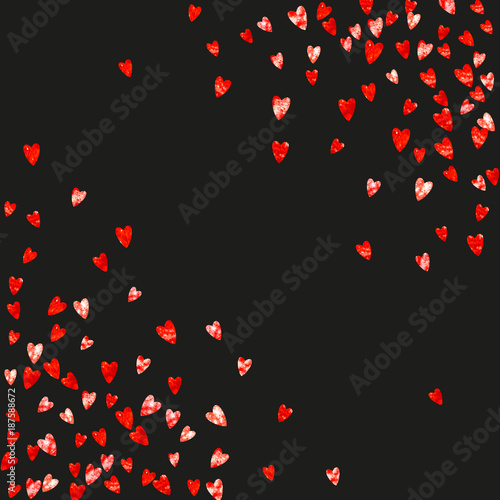 Valentines day sale with red glitter hearts. February 14th day. Vector confetti for valentines day sale template. Grunge hand drawn texture. Love theme for gift coupons, vouchers, ads, events.