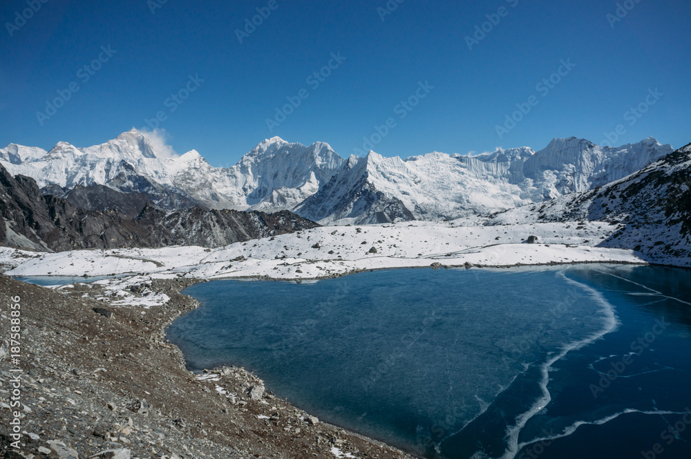 beautiful scenic landscape with snowy mountains and lake, Nepal, Sagarmatha, November 2014