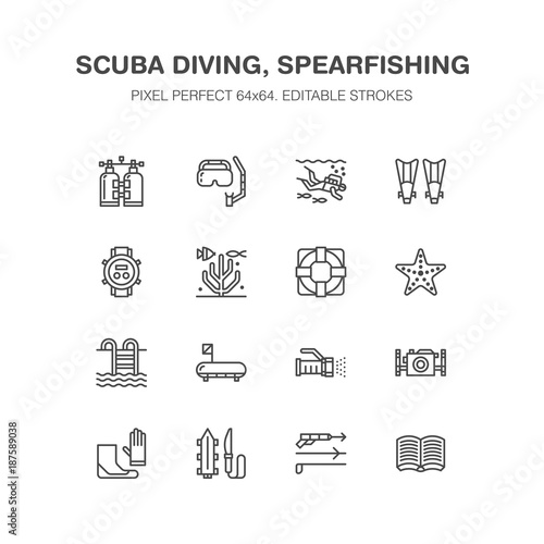 Scuba diving, snorkeling line icons. Spearfishing equipment - mask tube, flippers, swim suit, diver. Water sport, summer activity thin linear signs. Pixel perfect 64x64.