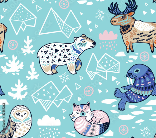 North animals, geometric iceberg and mountains vector pattern