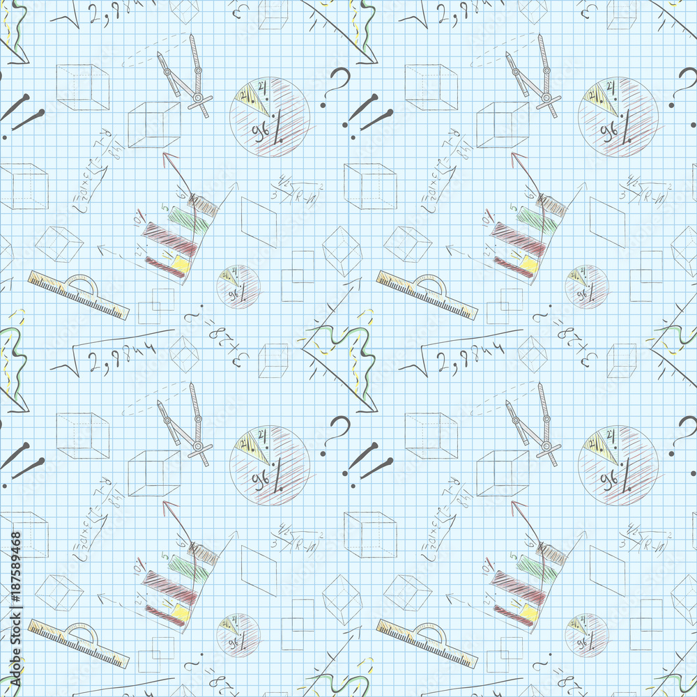 seamless pattern of graphic tools charts graphs on paper blue background