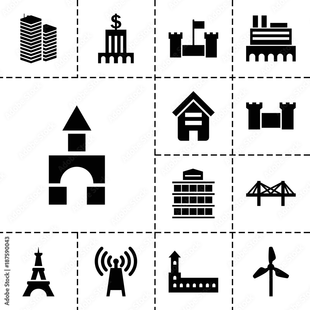 Tower icons. set of 13 editable filled tower icons