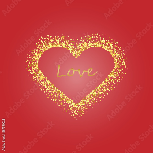 Gold frame of scatter confetti in the shape of heart. Border design element for festive banner  greeting card  postcard  wedding invitation.